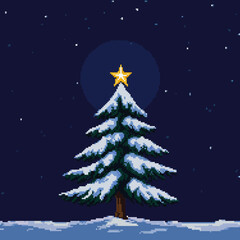 Pixelated Christmas tree with star topper, snow, and a dark, starry night sky.