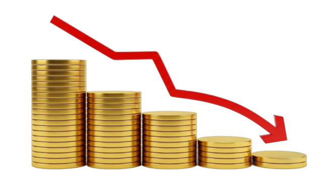 Financial Decline Represented by Stacks of Gold Coins and a Downward Red Arrow. PNG Transparent