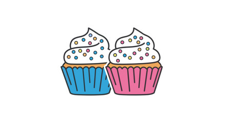 Two Cartoon Cupcakes with White Frosting and Colorful Sprinkles.