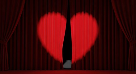 Red curtains slightly parted, revealing a heart-shaped light shining through the opening onto the stage.