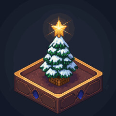 Animated pixel art Christmas tree with golden star and snow on a pedestal.