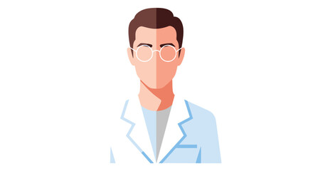 Flat design illustration of a male doctor or scientist in a lab coat and glasses.