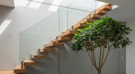 Modern staircase with wooden steps and glass railing, next to a green plant, illuminated by a skylight.