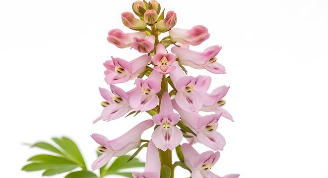 Close-up of Corydalis solida flower with pink petals and green leaves. - Powered by Adobe