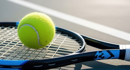 A bright yellow tennis ball rests on a racket, ready for a match on the court.