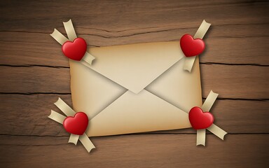 Vintage love letter tied with red hearts on wood background