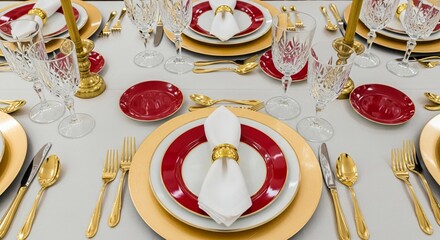 top view of exclusive dinner table with golden chargers and red plates