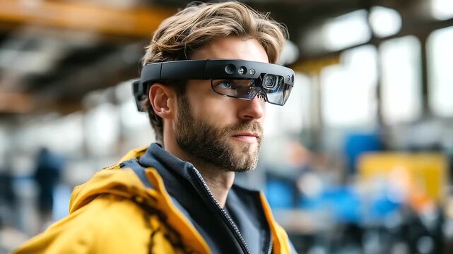 Team demonstrating self driving guide glasses in a simulated environment user navigating an obstacle course autonomous navigation wearable tech accessibility device with copy