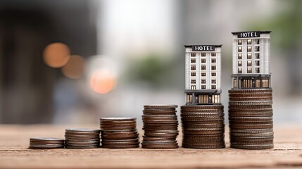 Growing Investment in Hospitality Industry with Hotel Models and Stacked Coins on Wooden Surface
