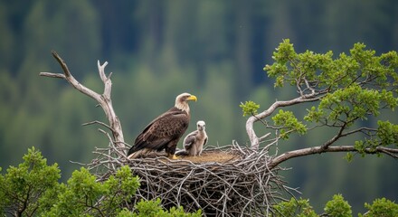 A majestic eagle and its chick perched in a sturdy nest within a lush green tree.