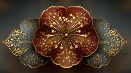 Fototapeta premium Intricate and ornate floral design with deep red and blue petals, embellished with metallic gold patterns, evoking luxury and vintage elegance.