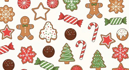 christmas seamless pattern with gingerbread cookies and candies