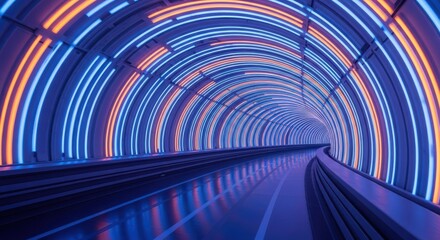 Futuristic tunnel with glowing blue and orange concentric light rings.