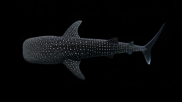 Whale shark with white spots swims in dark water, top view