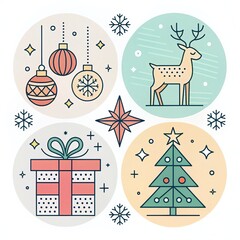 minimalist christmas icon set/ holiday elements in round shapes