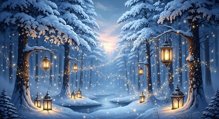 enchanted winter forest at sunset with glowing lanterns