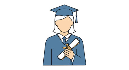 Simple line art illustration of a faceless graduate in a blue cap and gown holding a diploma scroll.