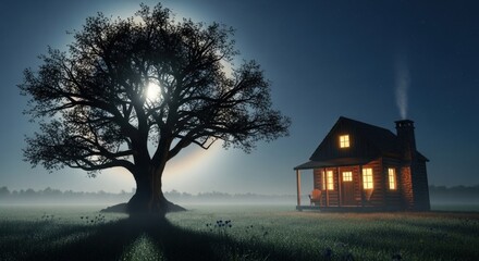 A cozy cabin glows with warm light next to a large tree under a moonlit, foggy night sky.