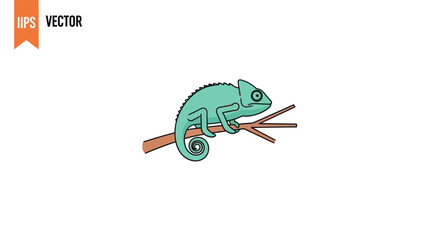 Cute Green Cartoon Chameleon Perched on a Brown Tree Branch.