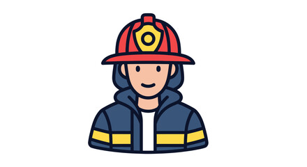 Cartoon Firefighter Icon with Red Helmet and Blue Jacket.