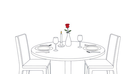 Minimalist line drawing of a romantic dinner table for two with a single red rose.