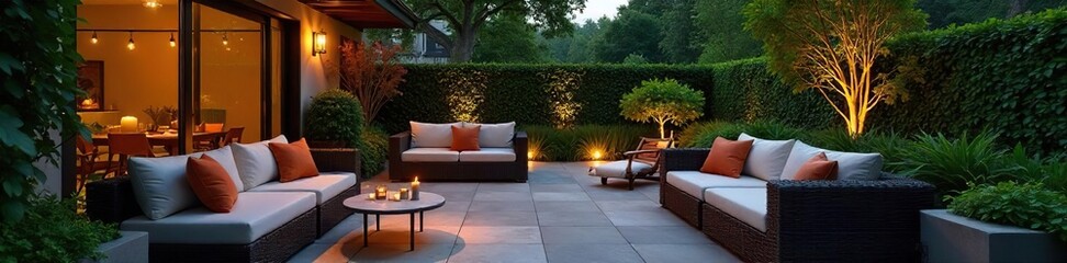 Serene Evening Patio Lush Greenery, Comfortable Seating, Ambient Lighting Perfect for Relaxation and Gatherings