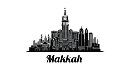 Obraz premium Black and white silhouette of the Makkah city skyline featuring the iconic Abraj Al-Bait clock tower, with 'Makkah' text below.