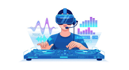 Person wearing VR headset operating DJ equipment with digital sound waves.