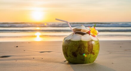 A fresh coconut drink with a straw sits on a sandy beach at sunset.