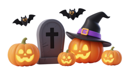 3D Rendered Cartoon Halloween Scene with Tombstone, Bats, Witch Hat and Pumpkins for Festive Concept