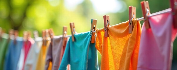 Sunny Spring Laundry Hanging on Clothesline Colorful Clothespins Hold a Variety of Shirts and Clothes Outdoors