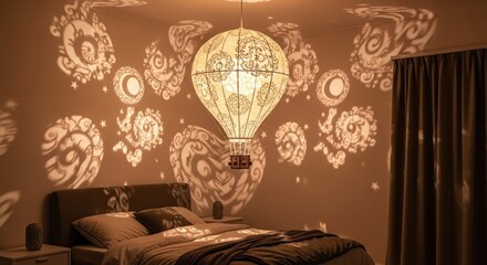 A bedroom illuminated by a hot air balloon-shaped lamp, casting intricate patterns on the wall.