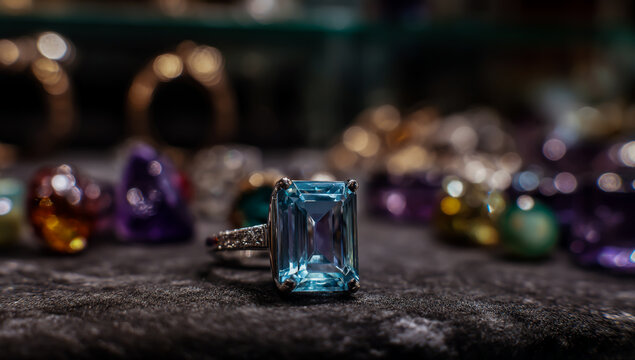 Close up of a sparkling blue gemstone set in a ring with a blurred background of other jewels