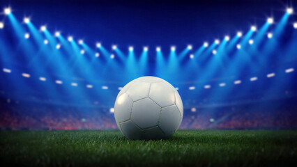 Fototapeta premium Experience the passion of a soccer game with this ball sitting on the vibrant green grass under stadium lights