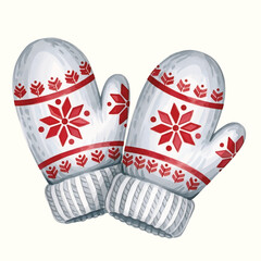 Watercolor Christmas Mittens with Snowflake Pattern