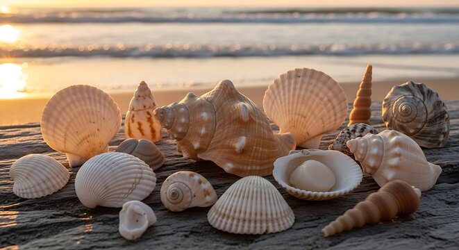 Assortment of seashells and conches on driftwood at sunset beach.