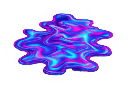 Abstract liquid splash with vibrant iridescent pink, purple, and blue glitched colors, creating a fluid and dynamic abstract shape on transparent background