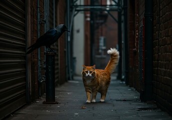 Ginger cat and crow in a dark urban alleyway.