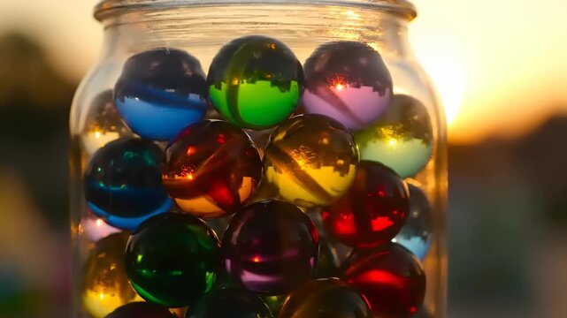 Close-up of colorful glass marbles in a jar at sunset, sparkling in the warm golden light