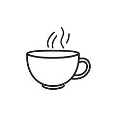 Black outline drawing shows hot coffee coming from a cup on white background