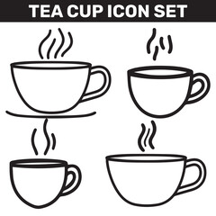 Obraz premium Outlined tea cups with steam rising show a set of different minimalist shapes against white