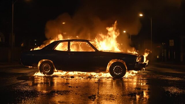 Intense Flames Engulf a Classic Car on a Wet City Street at Night, Symbolizing Chaos and Destruction