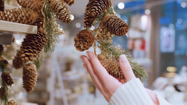 Close-up of lady gently holding a decorated pinecone garland in a decor shop, the festive and shimmering decor creates a cozy, warm atmosphere