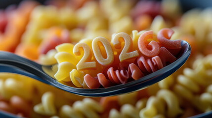 Colorful pasta shaped as numbers rests on a spoon among various pasta types in a lively arrangement for 2026 celebration Generative AI