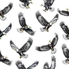 Obraz premium Seamless bald eagle pattern in flight. Hand-drawn in black, white, and yellow tones. Ideal for patriotic, wildlife, nature, freedom, and educational-themed design projects.