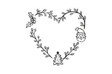 Heart-Shaped Christmas Wreath with Santa Claus and Tree Doodles SVG clipart Design