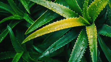 Fototapeta premium Close-up of fresh green aloe vera leaves with water droplets shining in bright sunlight after rain in a lush garden Generative AI