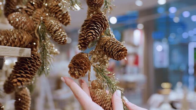 Close-up of lady holding a pinecone garland tenderly in a decor shop, with blurred background showing people walking by, the warm atmosphere of the shop enhances the festive mood