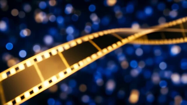 A filmstrip diagonally crosses a bokeh background with gold and black accents, evoking cinema
