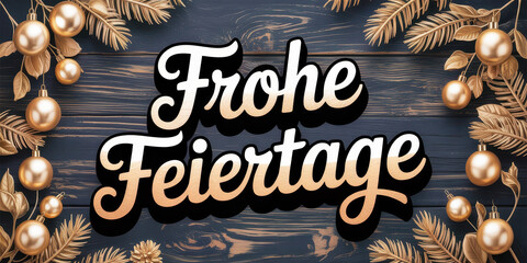 Frohe feiertage german happy holidays greeting with gold text and christmas ornaments on black wood